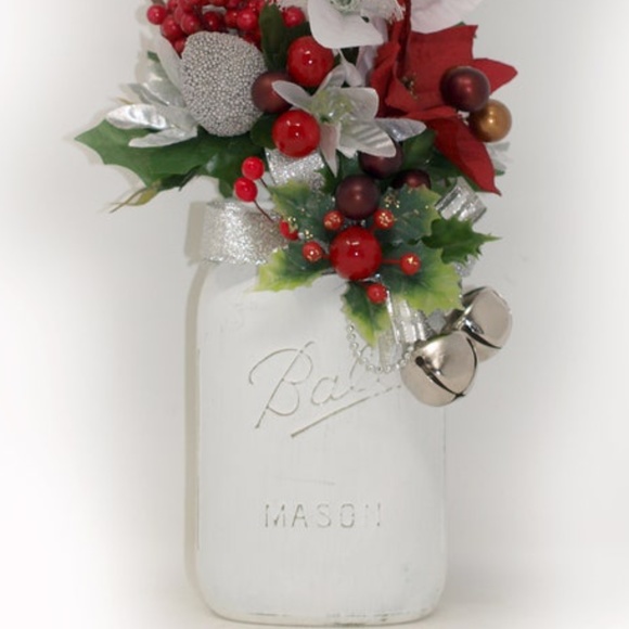 Holiday Ball Mason Jar Floral Arrangement Centerpiece, Poinsettia Flowers - Picture 6 of 10